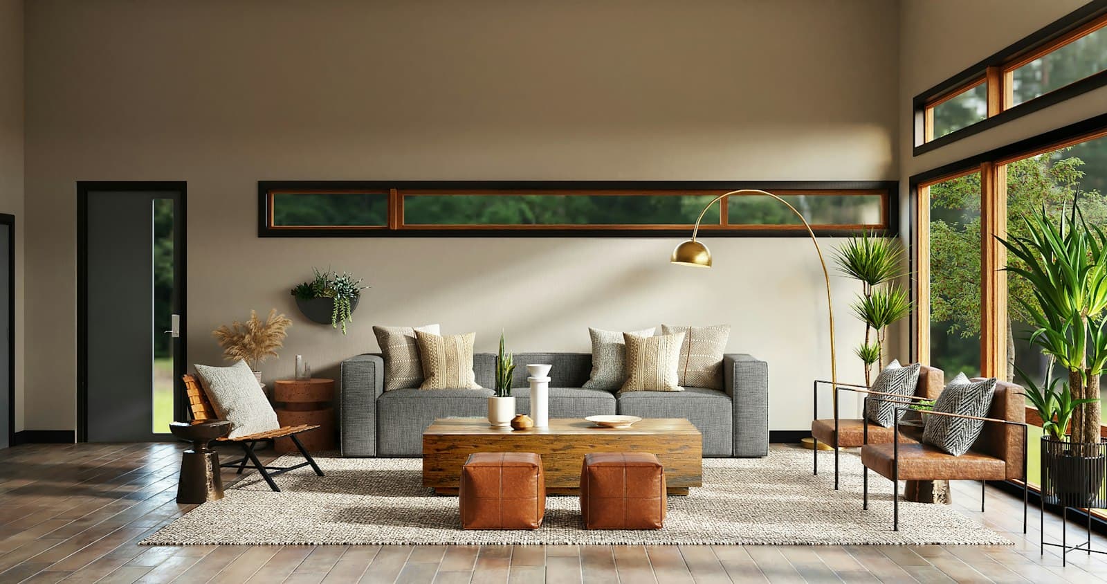 Sitting room with linen seating and a calm, low ceiling.
